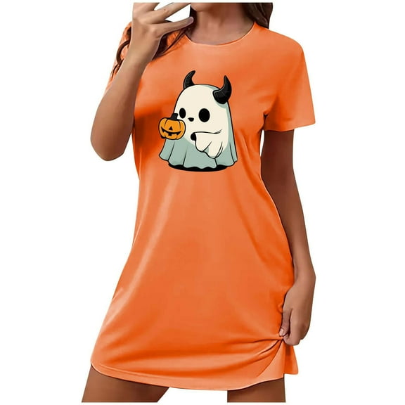 Sakmal Halloween Moomoo Womens Nightgown Oversized Breathable Orange Ultra-Soft Night dress Ghost Print Crew Neck Short Sleeve Short Nightgowns S-2XL