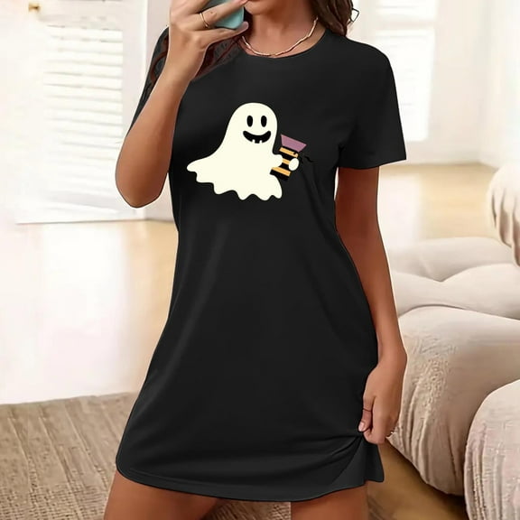 Sakmal Halloween Mumu Nightgowns for Women Lightweight Black Cute Plus Size Sleep Dress Short Sleeve Short Crew Neck Ghost Print Nightgowns S-2XL