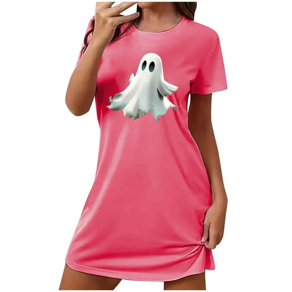Sakmal Halloween Nightgowns for Women Cute Sleepshirt Ghost Print Pink Short Sleeve Nightgowns