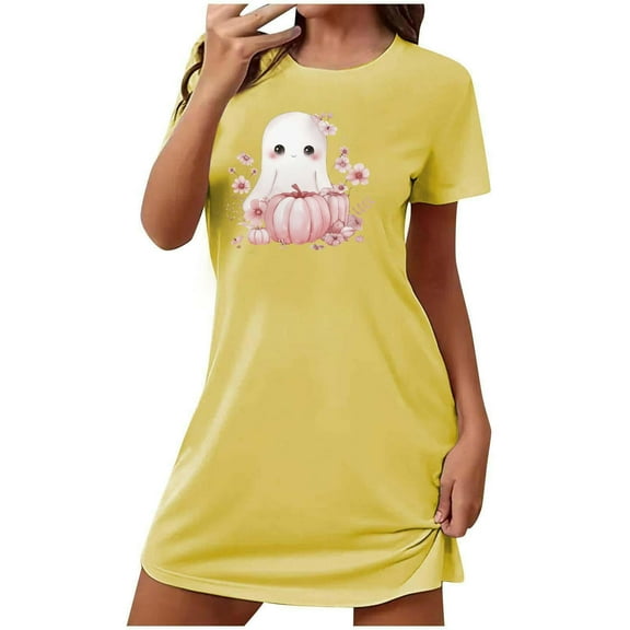 Sakmal Halloween Womens Moomoo Nightgowns Cute Pajama Dress Ghost and Pumpkin Print Yellow Short Sleeve Nightgowns