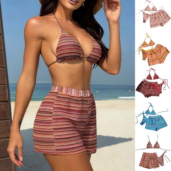 Sakmal Halter Womens Bikini Sets Padded 3 Piece Tummy Control Swimwear Graphic Beach Blue Swimsuits for Women L