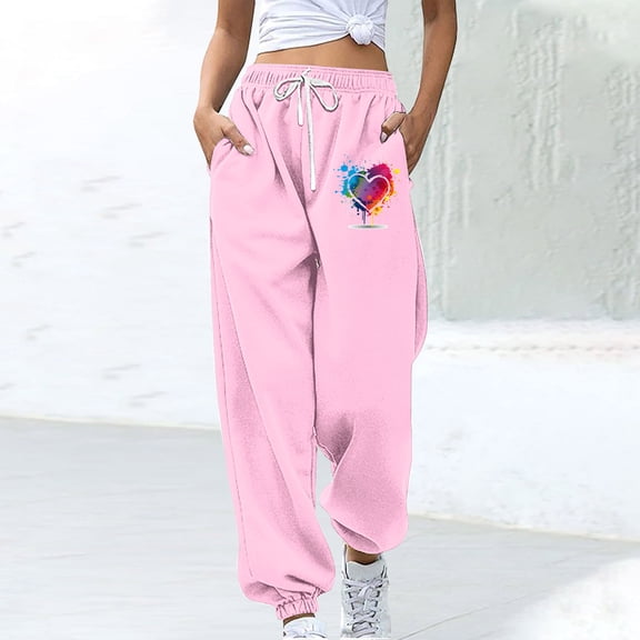 Sakmal Sweatpants for Women Wide Leg Joggers Pants with Pockets Casual Heart Print Pink Sweatpants for Women S