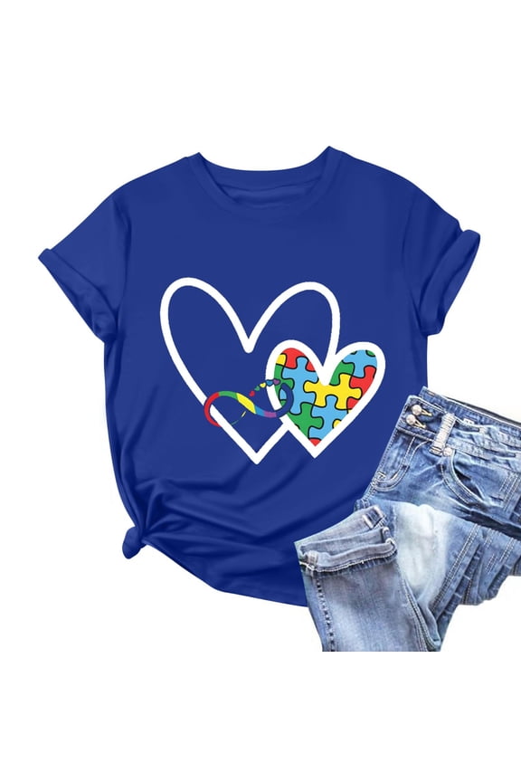 Heart Womens T Shirts Short Sleeve Autism Awareness Crew Neck Asd Casual Relaxed Fit Tops Trendy 2025