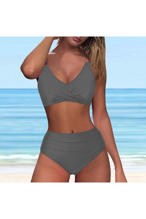 High Waisted Bathing Suit Two Piece Sets Gray Bikinis Cross Back Swimwear Push Up Padded Swimsuit Sets