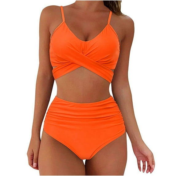 Sakmal High Waisted Bathing Suit for Women Two Piece Sets Bikinis Orange Twist Front Bathing Suits Triangle Push Up Swimsuit Sets