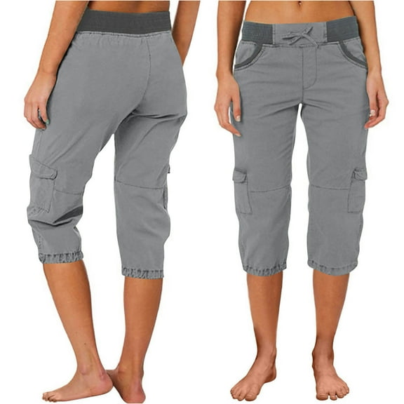 Sakmal High Waisted Cargo Shorts for Women Capris Drawstring Plus Szie Straight Leg Stretchy Gray Solid Shorts for Women XL