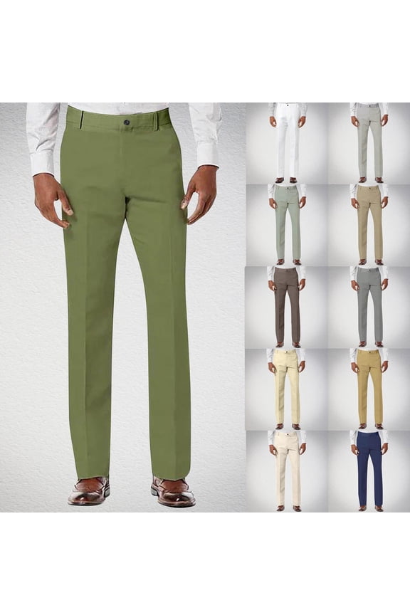 High Waisted Khaki Pants for Men Cotton and Linen Straight Leg Trousers Classic Fit Stretch Green Mens Chino Pants L