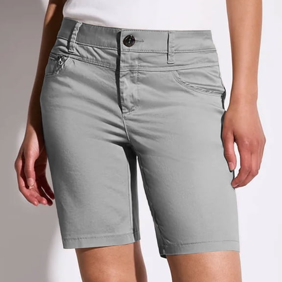 Sakmal High Waisted Khaki Shorts Women Chino Knee Length Straight Leg Work Solid Gray Stretchy Womens Shorts with Pockets