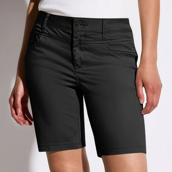 Sakmal High Waisted Khaki Shorts for Women Knee Length Work Straight Leg Chino Black Lightweight Solid Womens Shorts with Pockets