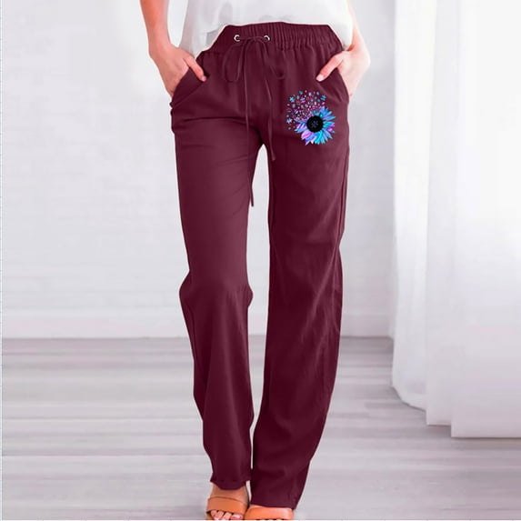 Sakmal High Waisted Pants Women Khakis Cotton Linen Work Straight Leg Red Floral Pants with Pockets