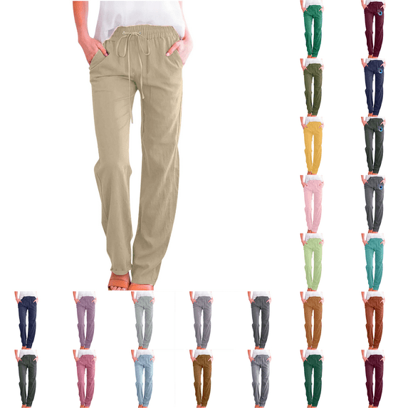 Sakmal High Waisted Pants Women Work Cotton Linen Straight Leg Khakis Beige Solid Pants with Pockets