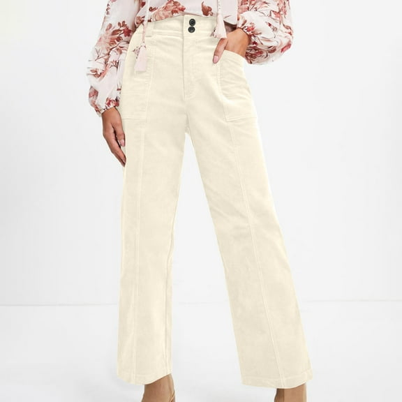 Sakmal High Waisted Pants for Women Corduroy Straight Leg Khakis Cotton White Solid Pants
