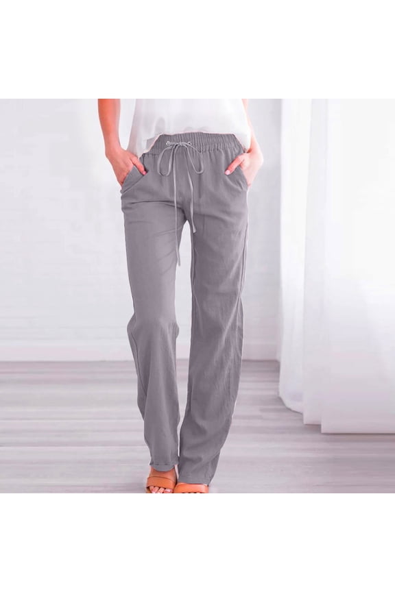 High Waisted Pants for Women Work Khakis Cotton Linen Straight Leg Gray Solid Pants