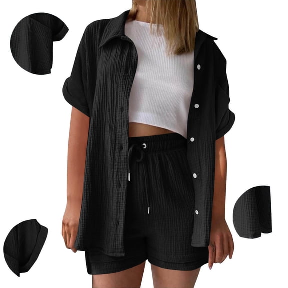 Sakmal High Waisted Shorts Sets for Women Wide Leg Drawstring 2 Piece Outfits Solid Black Elastic Waist Ladies Shorts XXL