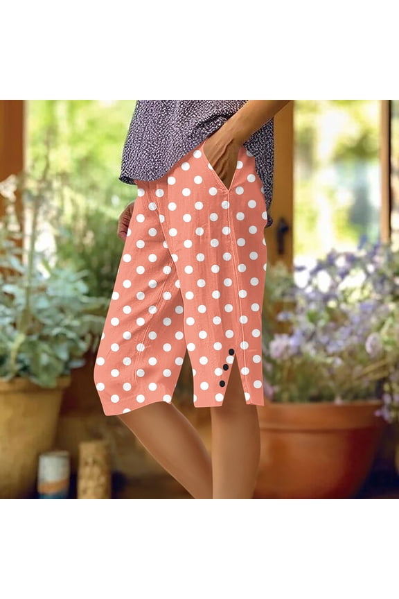 High Waisted Shorts Women Bermuda Straight Leg Knee Length Casual Polka Dot Pink Womens Shorts with Pockets