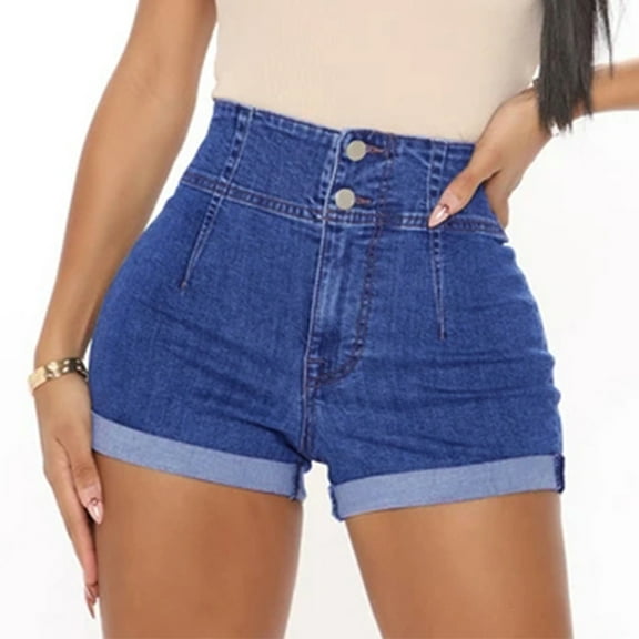 Sakmal Shorts Womens Blue Hotpants Jean High Waisted Raw Hem Denim Stretchy Shorts with Pockets
