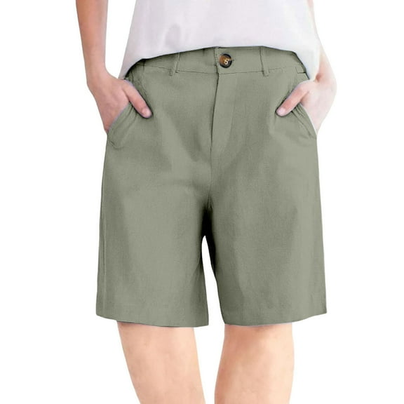 Sakmal High Waisted Women Cotton Linen Khaki Shorts Straight Leg Chino Solid Elastic Waist Green Shorts for Women with Pockets