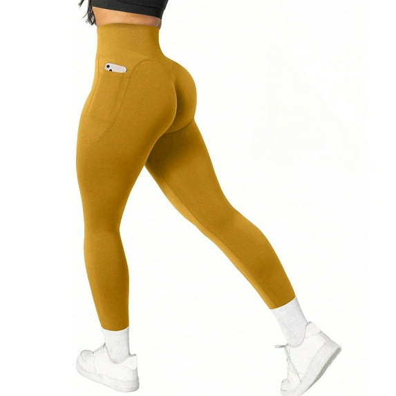 Sakmal High Waisted Women Leggings Soft Yellow Butt Lifting Yoga Pants Long Running Solid Leggings