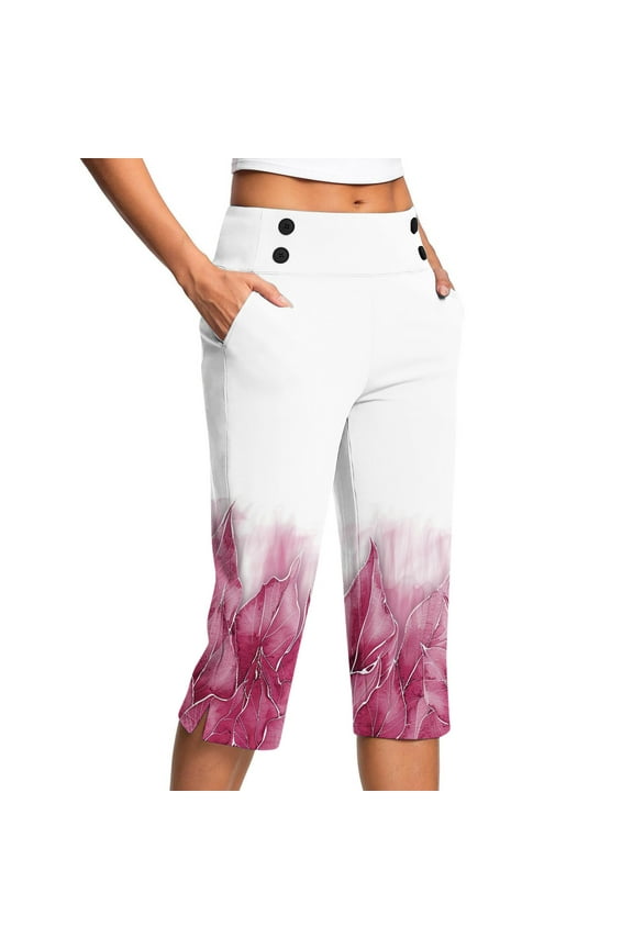 High Waisted Women's Shorts Straight Leg Plus Szie Capris Floral Casual Ladies Shorts with Pockets