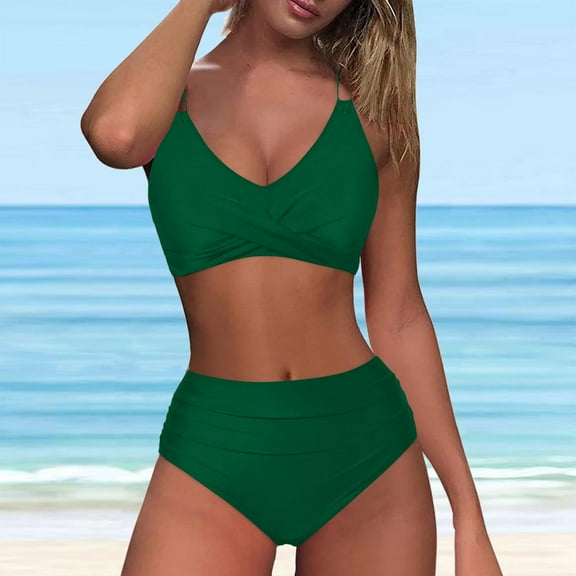 Sakmal High Waisted Womens Bathing Suits Bikinis Green Two Piece Sets Swimwear Padded Push Up Swimsuit Sets