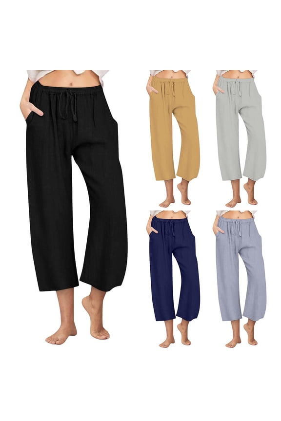 High Waisted Womens Capri Palazzo Pants Boho Plus Size Cotton Linen Wide Leg Pants Summer Solid Lightweight Drawstring Women's Capris 4XL