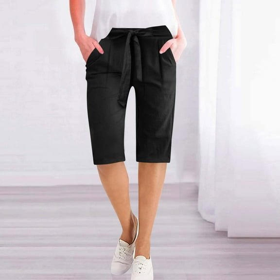 Sakmal High Waisted Womens Cotton Linen Shorts Bermuda Plus Szie Knee Length Straight Leg Lightweight Solid Black Ladies Shorts S