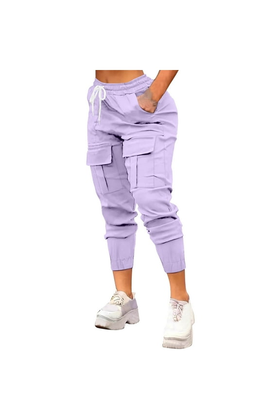 High Waisted Womens Pants Jogger Cargo Plus Size Hiking Solid Purple Pants with Pockets