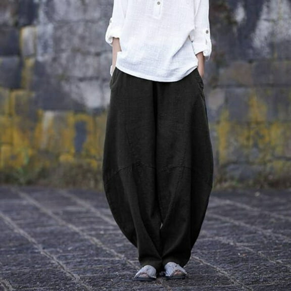 Sakmal High Waisted Womens Pants Taper Palazzo Cotton Linen Harem Solid Black Pants with Pockets