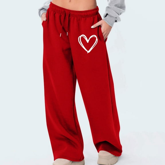 Sakmal Wide Leg Womens Sweatpants Plus Size Boyfriend Pants Red Heart Print with Pockets Athletic Sweatpants for Women XL