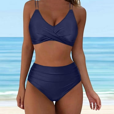 Sakmal High Waisted Womens Swimsuits Two Piece Blue Bikini Sets Tummy Control Swimwear Push Up Swimsuit Sets