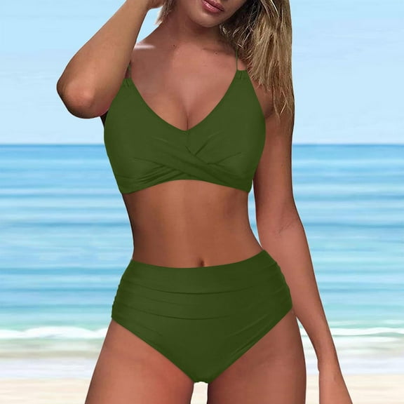 Sakmal High Waisted Womens Swimsuits Two Piece Sets Green Bikinis Cross Back Swimwear Push Up Padded Swimsuit Sets