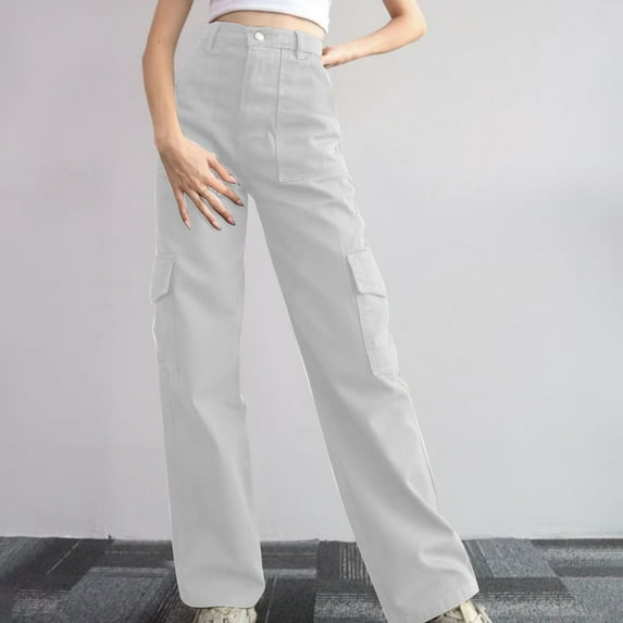 Sakmal Hiking Womens Pants Straight Leg Cargo Plus Size Trip Gray Full Length Plain High Waisted Pants with Pockets