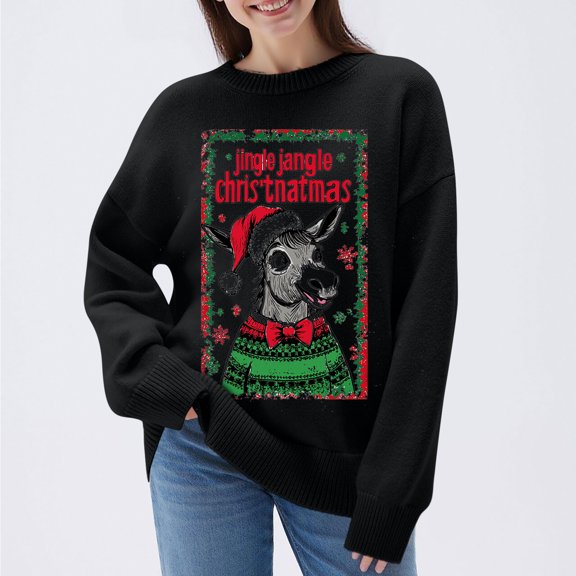 Sakmal Holiday Sweater for Women Black Christmas Pullover Ugly Fashion Graphic Crew Neck Ladies Sweaters M