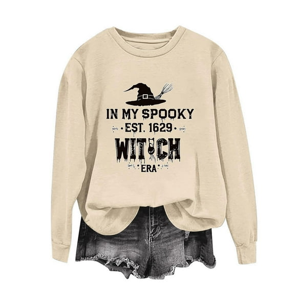 Sakmal Holiday Womens Sweatshirts Yellow Halloween Pullover Sweatshirts Soft Witch Hat Long Sleeve Shirts