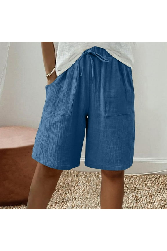 Home Womens Shorts Cotton Linen Bermuda Blue Solid 9 Inch Inseam Mid Rise Shorts with Pockets