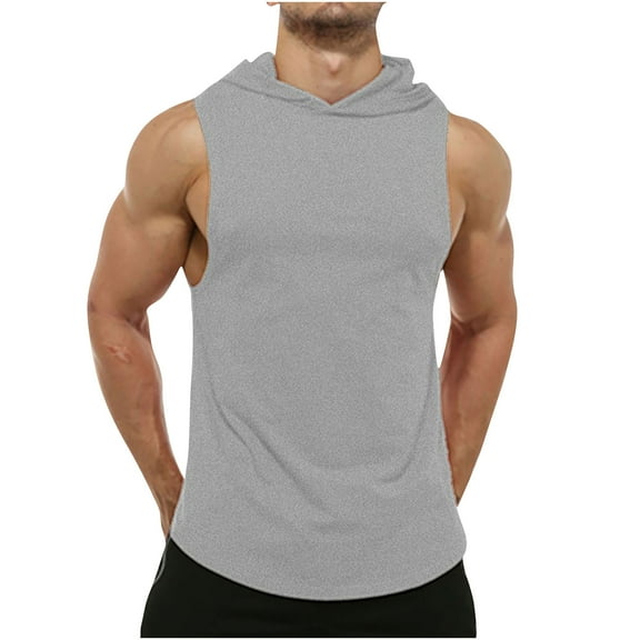 Sakmal Hooded Tank Tops Plus Size for Men Gray Gray Solid Gym Workout Camisole Breathable Tunic Tops