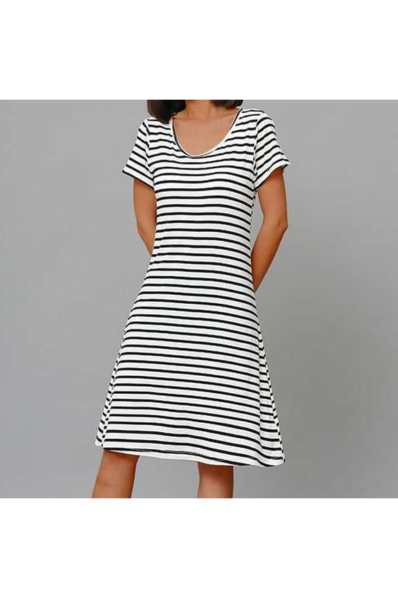 House Dress for Women 100% Cotton Plus Size Pajama Dress Short Sleeve Striped Black Nightgowns