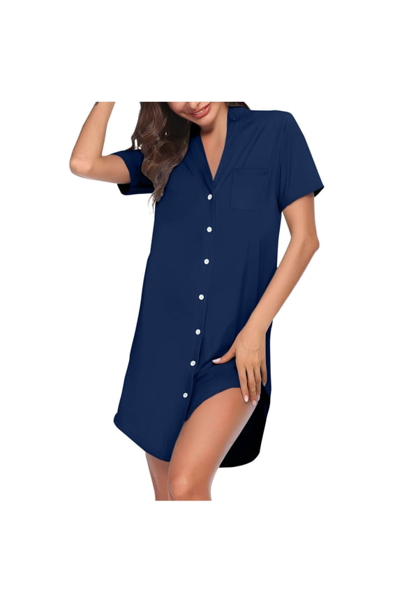 House Dress for Women Sleepshirts Side Split Button Front Pajama Dress Blue Short Sleeve Sleepshirts