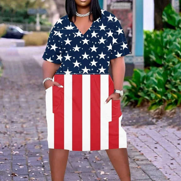 Sakmal Independence Day Summer Dresses for Women Midi Plus Size Shirt Dress American Flag Short Sleeve Dresses