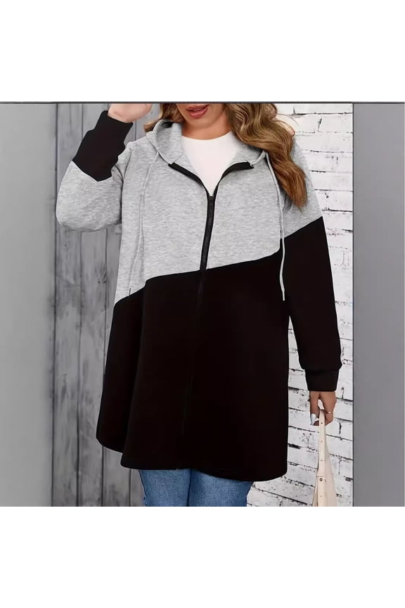 Jackets for Women Gray Duster Oversized Long Jacket Patchwork Hooded Tops for Women