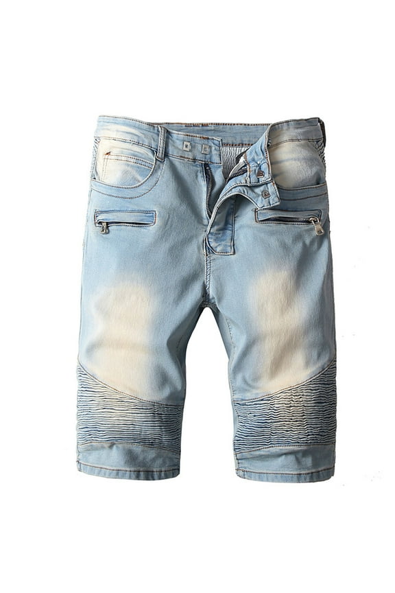 Jean Shorts Men Denim Cut-off Bermuda Elastic Waist Solid 9 Inch Streetwear Blue Mens Shorts XS