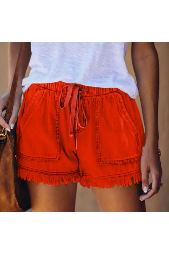 Red Shorts Womens Jean Cut-off Ripped Denim Frayed Hem Shorts with Pockets