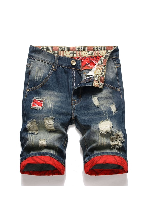 Jean Shorts for Men Bermuda Ripped Denim Cut-off Elastic Waist 9 Inch Vacation Red Solid Shorts for Men L