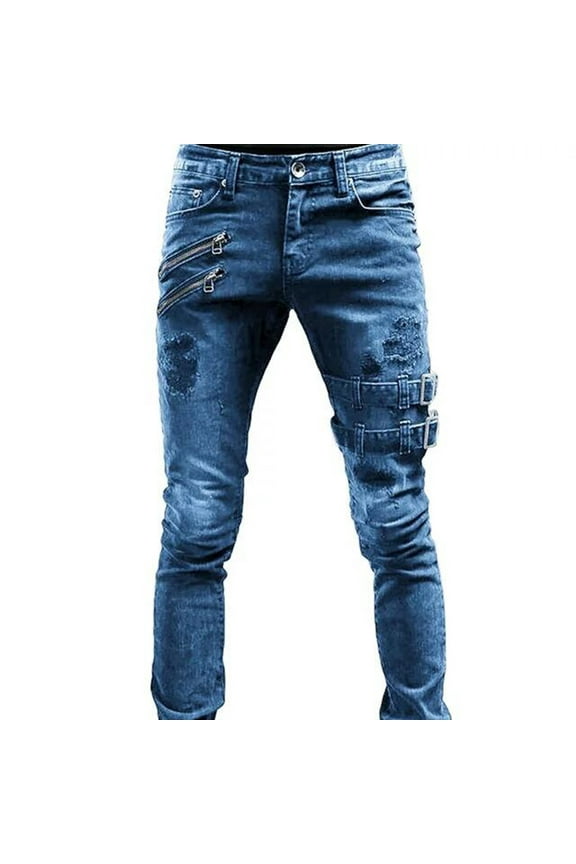 Jeans Casual Pants Mens Blue Full Slim-Fit Denim Flat-Front Pockets Zipper Mens Trousers