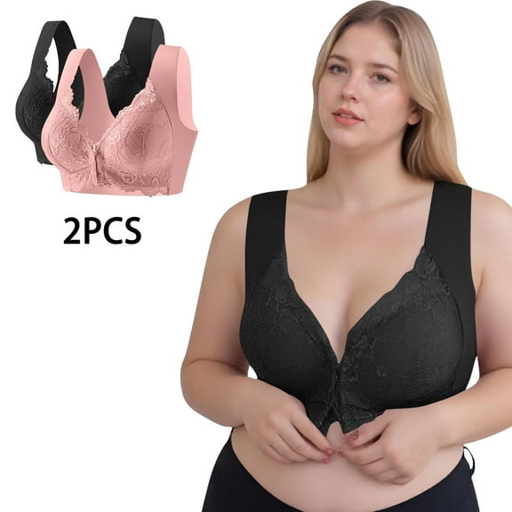 Sakmal Jelly Bras for Women Lace Front Closure Seamless Bralette 2-Pack Pink Stretch Ladies Bras 3X