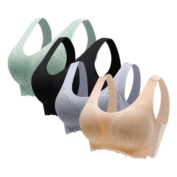 Sakmal Jelly Womens Sports Bras Beige Lace Bralette Side Smoothing Extra Lift T-Shirt Bras for Ladie L,4-Pack