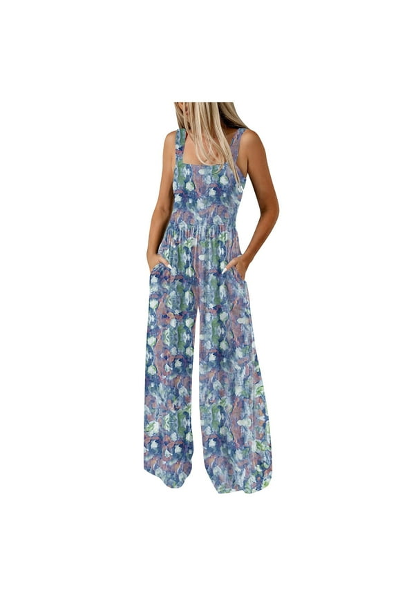 Jumpsuits for Women Dressy Boho Flowy Sleeveless Blue Overalls Floral Wide Leg Long Square Neck Pants with Pockets