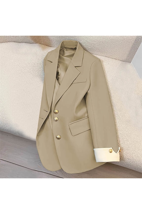 Khaki Blazer Women Plus Size Suit Jacket Lapel Collar Long Sleeve Womens Blazer M