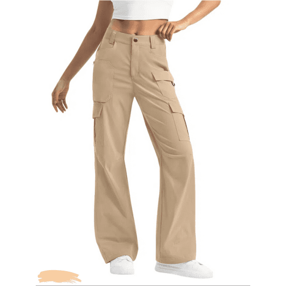 Sakmal Khaki Pants Women Work Casual Cargo Straight Leg Plain Yellow Full Length High Waisted Pants with Pockets