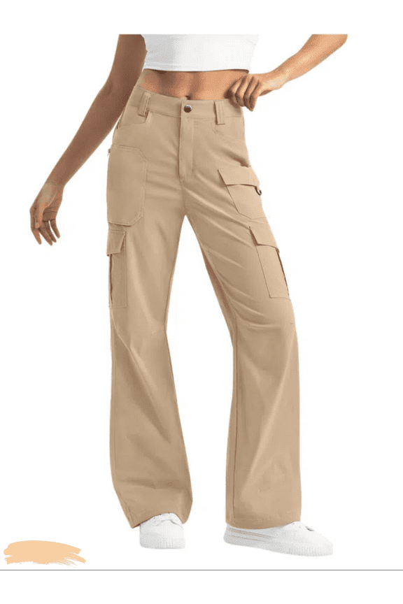 Khaki Pants Women Work Casual Cargo Straight Leg Plain Yellow Full Length High Waisted Pants with Pockets